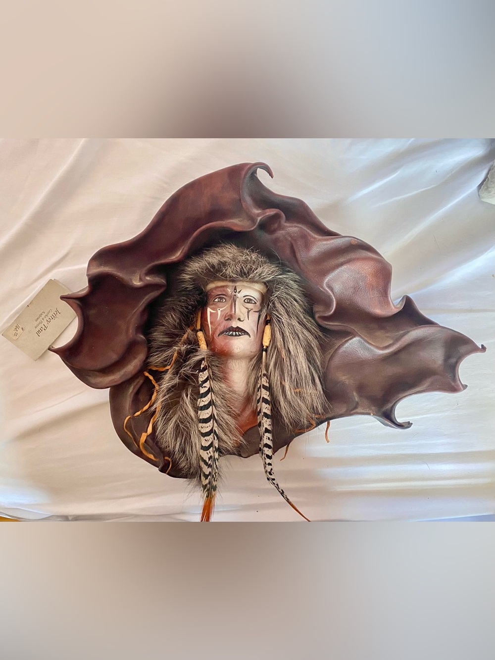 Native American Leather Fur Bone Horn Spirit Mask Wall Signed By Jeffery Paul